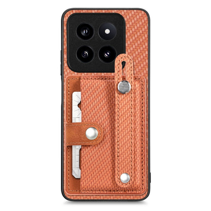 Woven fabric phone case wallet with wrist strap, card slots, and metal kickstand tab in brown
