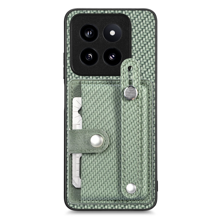 Woven fabric phone case wallet with wrist strap, card slots, and metal kickstand tab in green