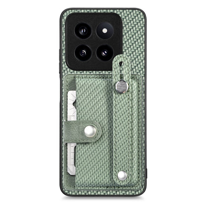 Woven fabric phone case wallet with wrist strap, card slots, and metal kickstand tab in green