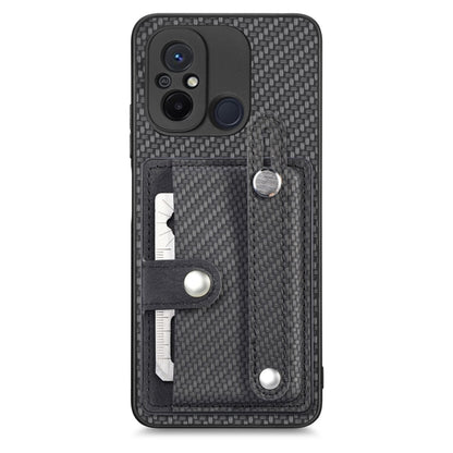 Woven fabric phone case wallet with wrist strap, card slots, and metal kickstand tab in charcoal