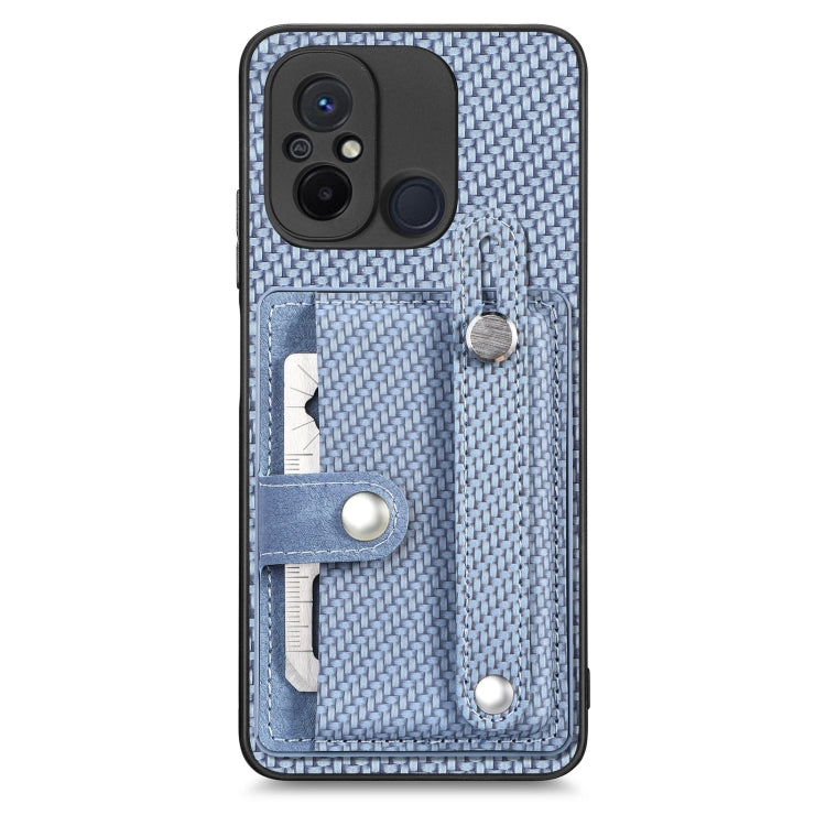 Light blue woven phone case with card slots and metal ring kickstand