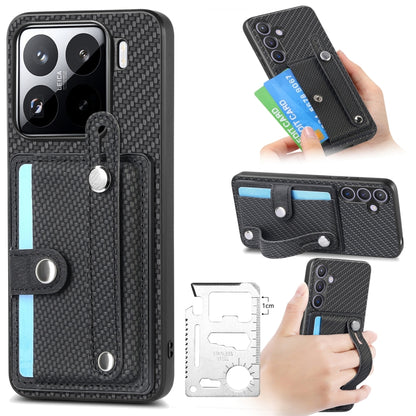 Black fabric phone case with kickstand, card wallet, and wrist strap