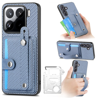 Blue fabric phone case with kickstand, card wallet, and wrist strap
