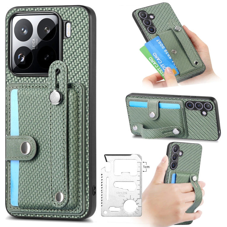 Green fabric phone case with kickstand, card wallet, and wrist strap