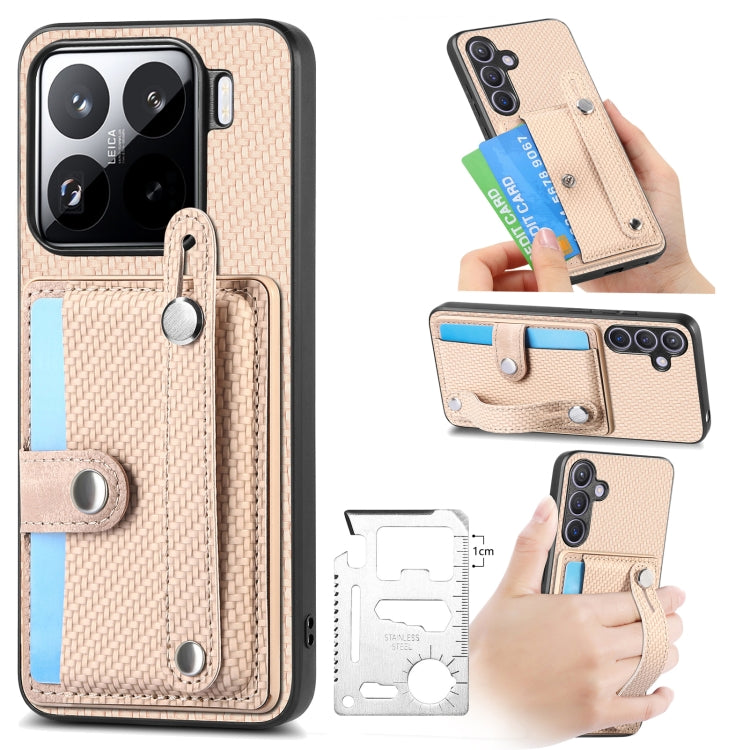 Beige fabric phone case with kickstand, card wallet, and wrist strap