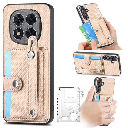 Beige fabric wristband card wallet phone case with kickstand and tool pocket