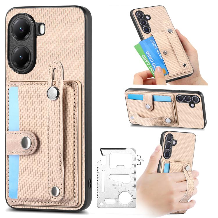 Beige woven wallet phone case with wrist strap and kickstand; card holder for phone back