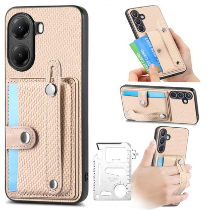Beige woven wallet phone case with wrist strap and kickstand; card holder for phone back