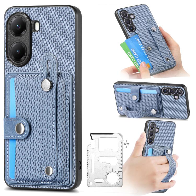 Blue fabric phone case with kickstand, card wallet, and wrist strap