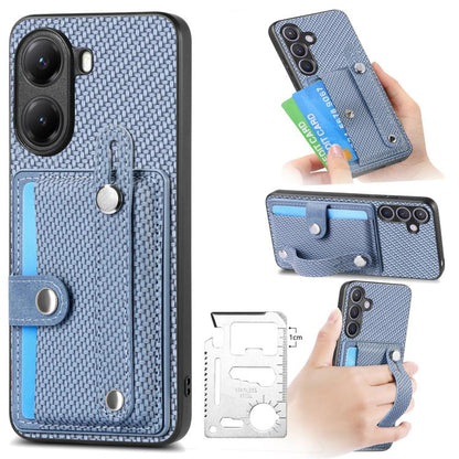 Blue fabric phone case with kickstand, card wallet, and wrist strap