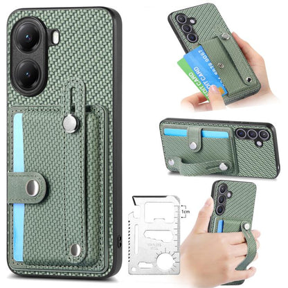 Green fabric phone case with kickstand, card wallet, and wrist strap