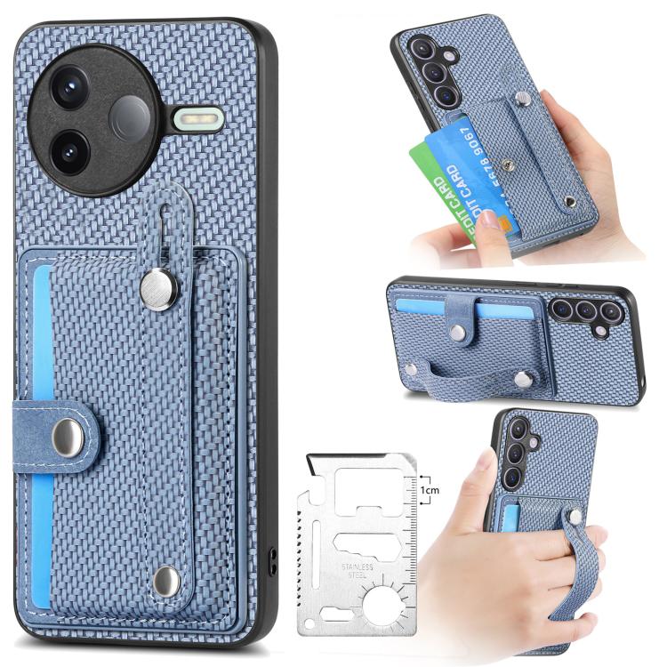 Blue woven wallet phone case with wrist strap and kickstand; card holder for phone back