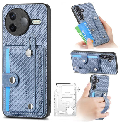 Blue woven wallet phone case with wrist strap and kickstand; card holder for phone back