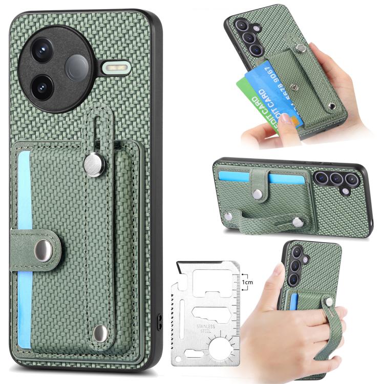 Green woven wallet phone case with wrist strap and kickstand; card holder for phone back