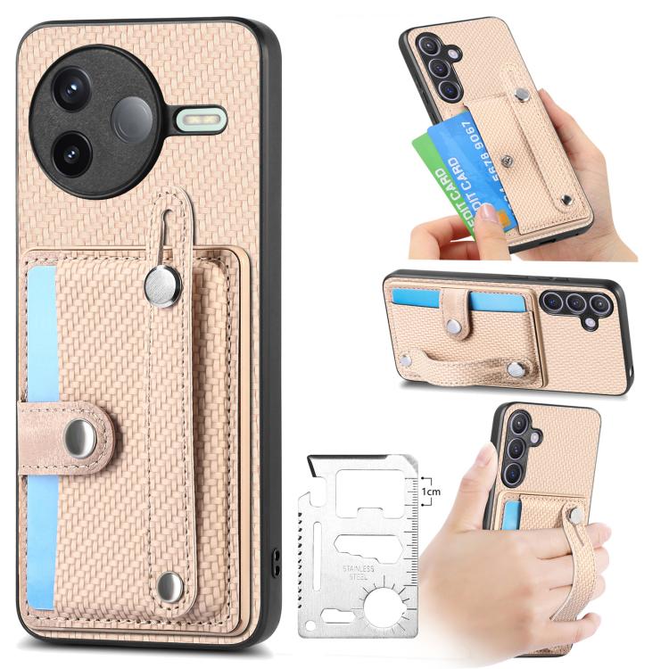 Beige woven wallet phone case with wrist strap and kickstand; card holder for phone back