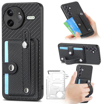 Wristband kickstand card wallet phone case, black textured fabric with card flap.