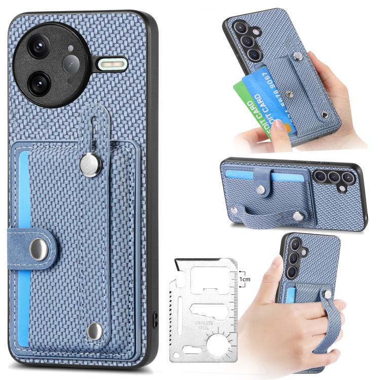Wristband kickstand card wallet phone case, blue textured fabric with card flap.