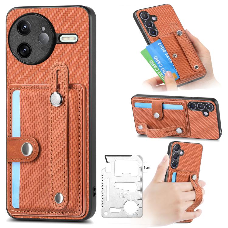 Wristband kickstand card wallet phone case, orange textured fabric with card flap.