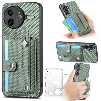 Wristband kickstand card wallet phone case, green textured fabric with card flap.