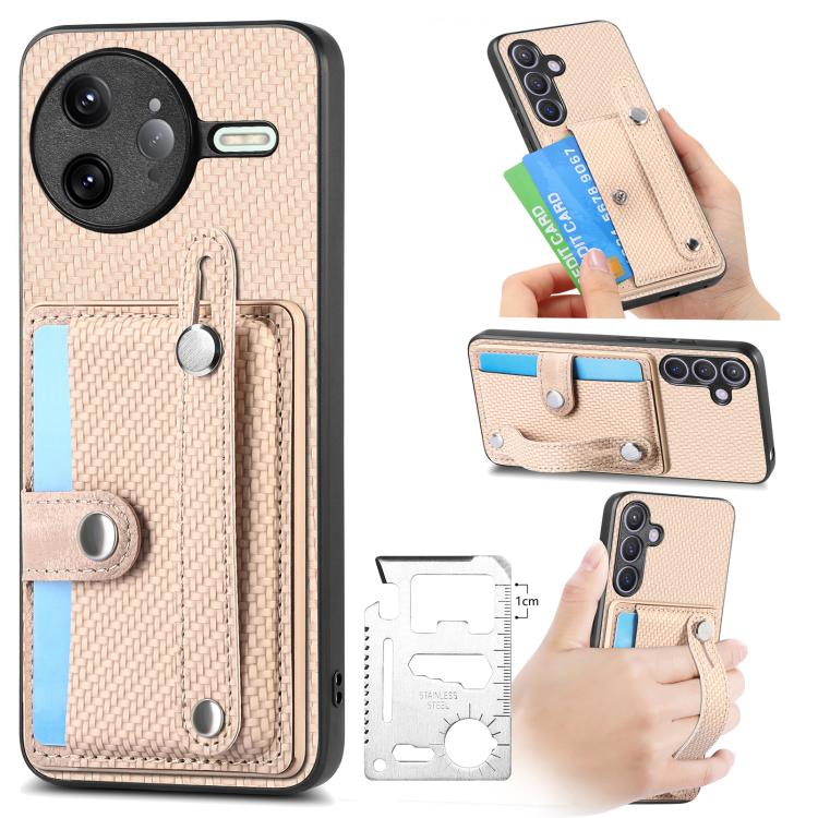 Wristband kickstand card wallet phone case, beige textured fabric with card flap.