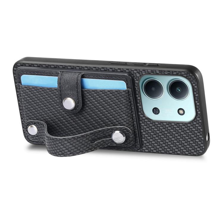Black wristband kickstand phone case with built-in card wallet and magnetic flap