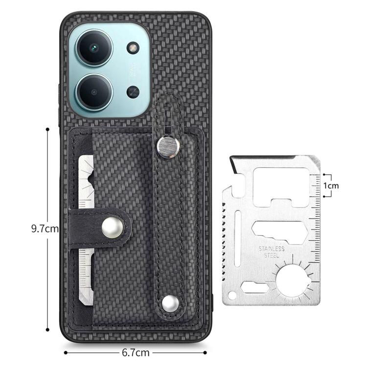 Black textured phone case wallet with wrist strap, card slot, and included tool