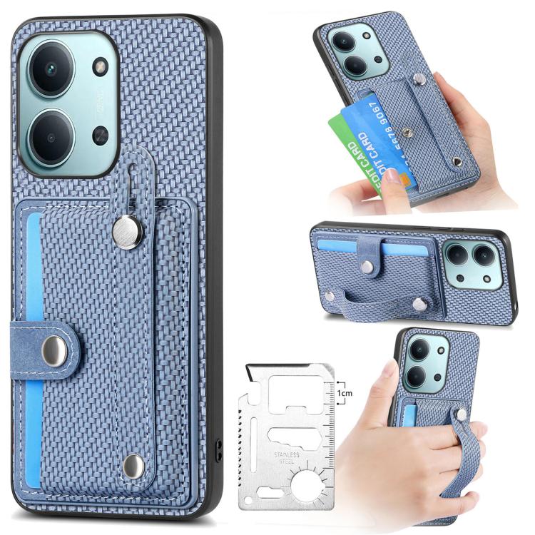 Blue textured wristband kickstand card wallet phone case with front card slot