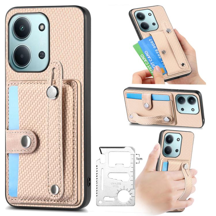 Beige wristband kickstand card wallet phone case with front card slot and strap