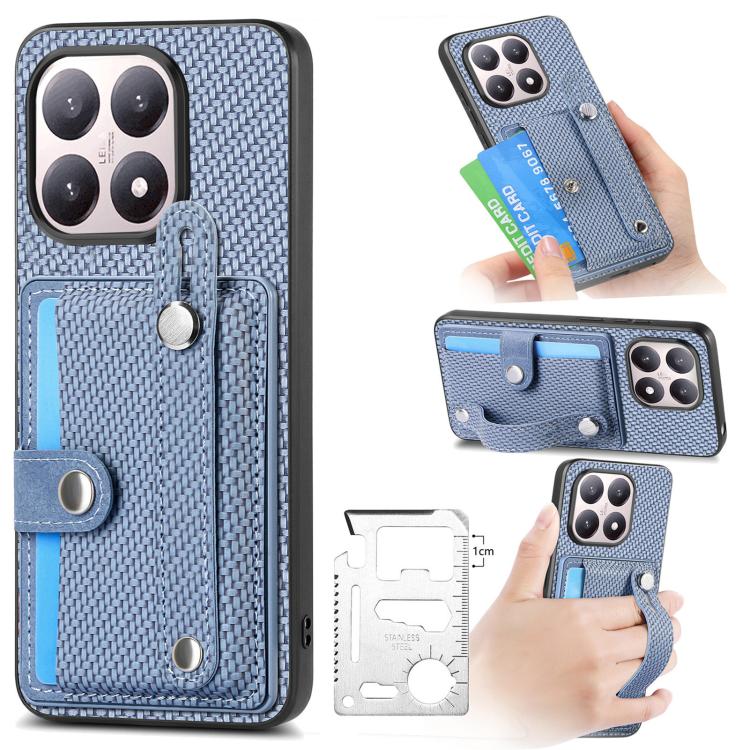 Wristband kickstand card wallet phone case, blue textured fabric with card flap.