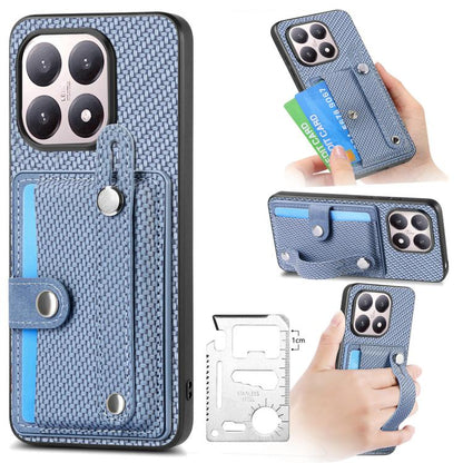 Wristband kickstand card wallet phone case, blue textured fabric with card flap.