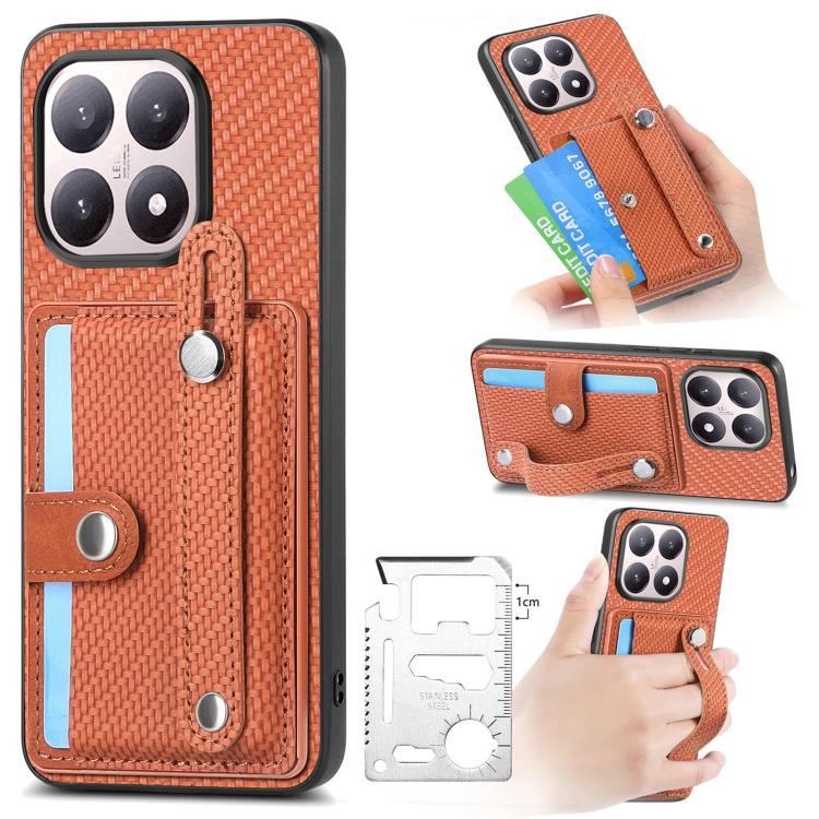 Wristband kickstand card wallet phone case, orange textured fabric with card flap.