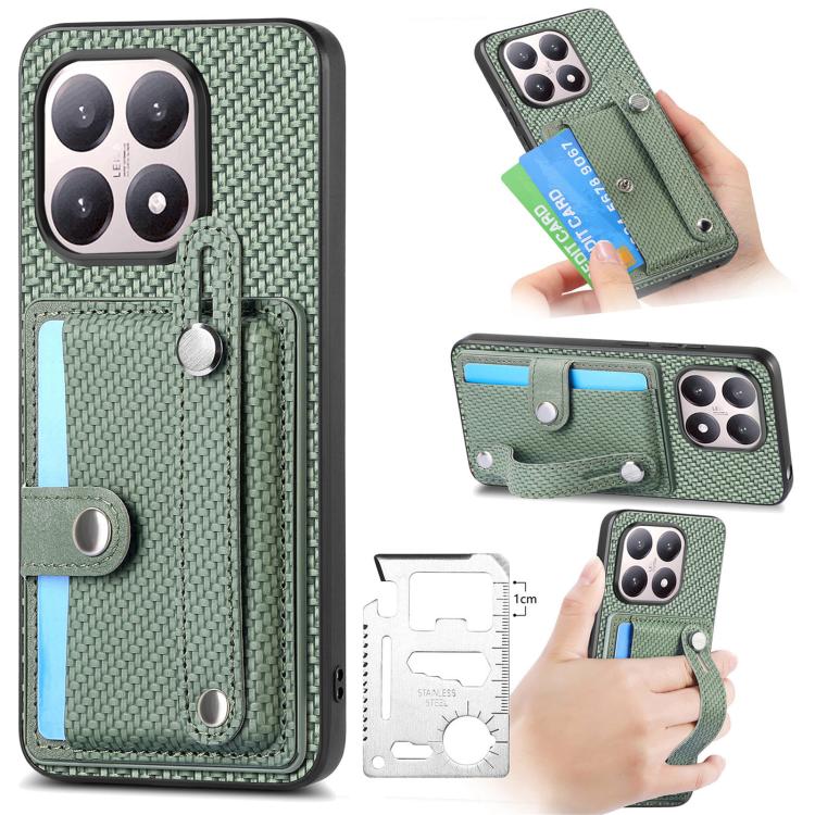 Wristband kickstand card wallet phone case, green textured fabric with card flap.