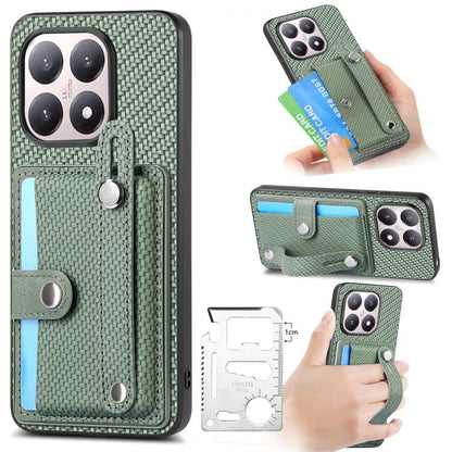 Wristband kickstand card wallet phone case, green textured fabric with card flap.