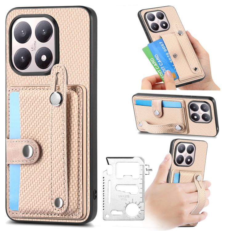 Wristband kickstand card wallet phone case, beige textured fabric with card flap.