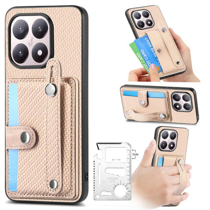 Wristband kickstand card wallet phone case, beige textured fabric with card flap.