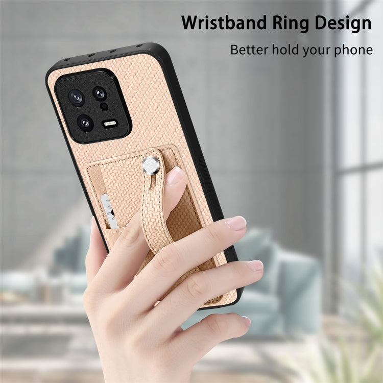 Beige woven phone case with wrist ring and kickstand, card wallet and tool slot