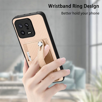 Beige woven phone case with wrist ring and kickstand, card wallet and tool slot