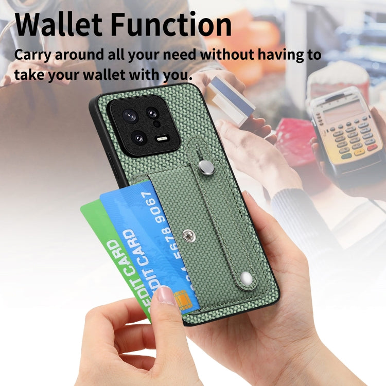 Green wallet phone case with card slots, metal kickstand, and wrist strap