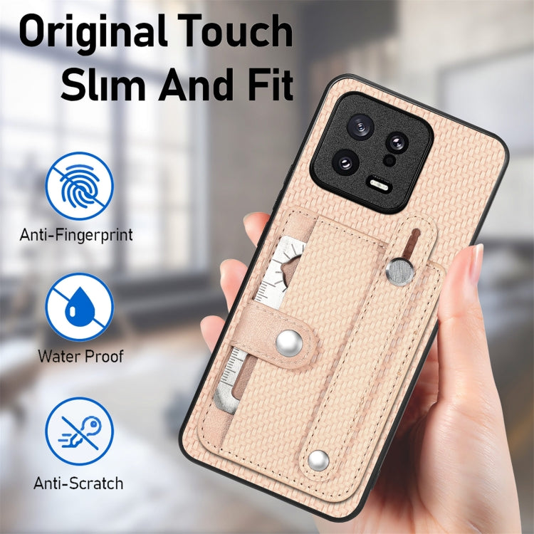 Beige woven phone case with card slots and metal ring kickstand