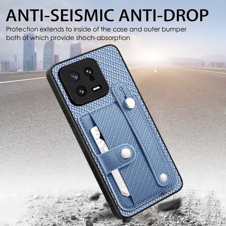 Blue wallet phone case with card slots, metal kickstand, and wrist strap