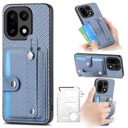 Blue woven phone wallet case with wrist strap, kickstand, card slot, tool pocket