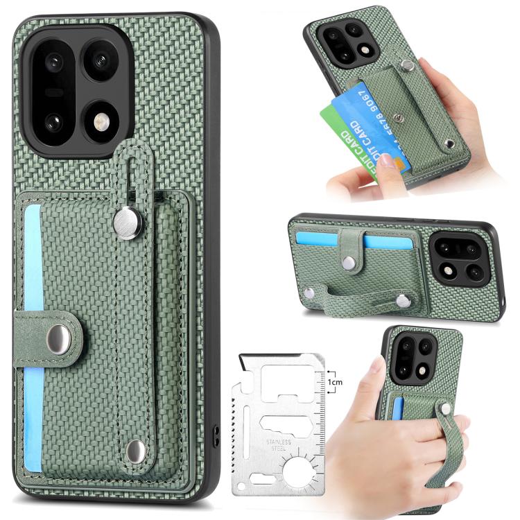 Green woven phone wallet case with wrist strap, kickstand, card slot, tool pocket