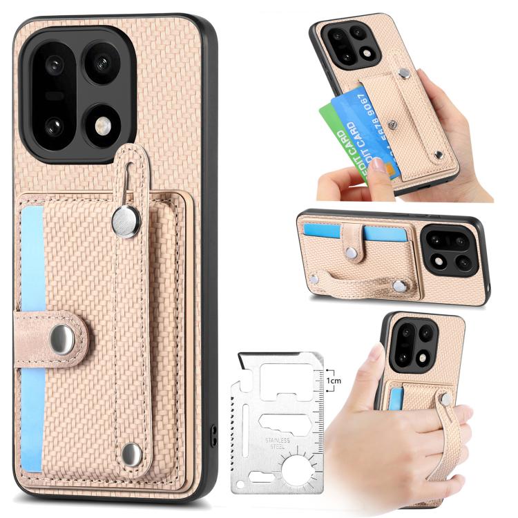 Beige woven phone wallet case with wrist strap, kickstand, card slot, tool pocket