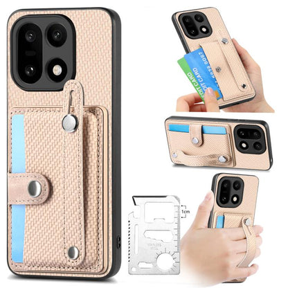 Beige woven phone wallet case with wrist strap, kickstand, card slot, tool pocket