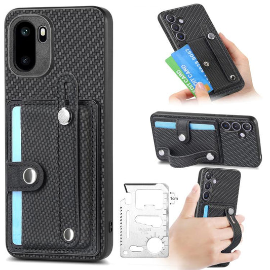 Black wristband kickstand wallet phone case with card slot and tool knife cover