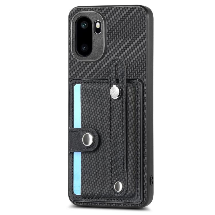 Black carbon-texture wallet phone case with wrist strap and kickstand panel