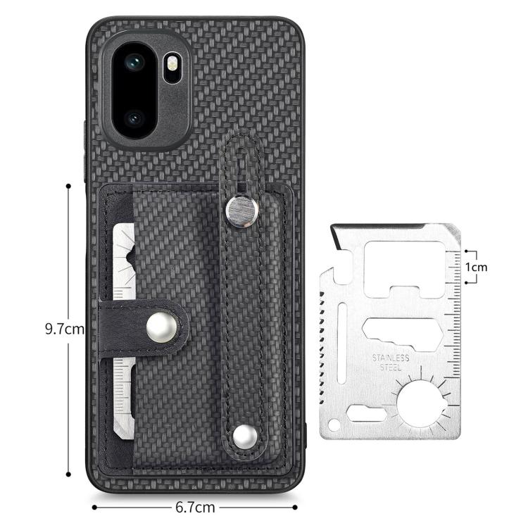 Black wallet phone case with wrist strap and size chart, includes tool card