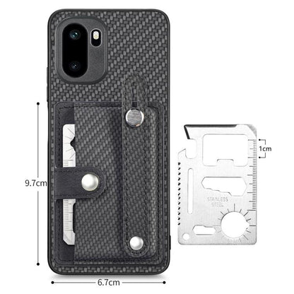 Black wallet phone case with wrist strap and size chart, includes tool card