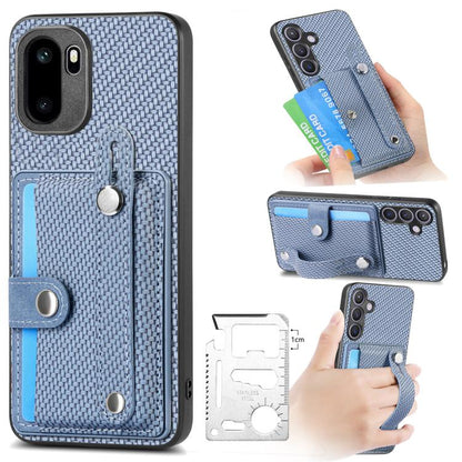 Blue wristband kickstand wallet phone case with card slot and camera cutouts