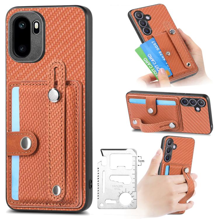 Orange/brown wristband kickstand wallet phone case with card holder and camera cutouts